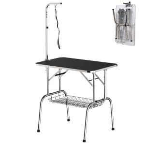 PawHut Mesa de Peluquería para Mascotas Mesa de Aseo Plegable con Patas de Acero Inoxidable Estable Aguilón Ajustable Estante de Almacenaje Carga 150 kg 90x60x75 cm Negro