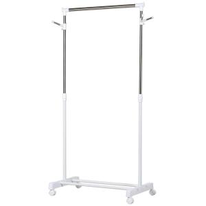 HOMCOM Colgador de ropa Perchero Estándar de Barra Altura Ajustable Portátil con Estante Inferior sobre Ruedas Tubería de Acero 68,5x42x87-145 cm Blanco Plata