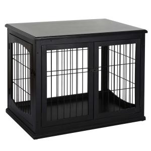 PawHut Jaula para Perros Grande de Madera con Superficie de Mesa 2 Puertas y Rejillas de Metal 58,5x81x66 cm Negro