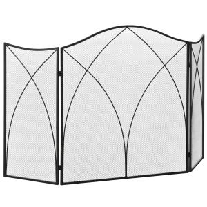 HOMCOM Salvachispas Plegable Pantalla Protectora de Chimenea 3 Paneles con Bisagras y Estructura de Metal Decorativa 126x2x76 cm Negro