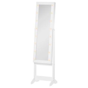 HOMCOM Joyero de Pie con Espejo Armario para Joyas 16 Luces LED Reclinable Guardajoyas Anillos Pendientes Collares Madera 36x30x136cm Blanco