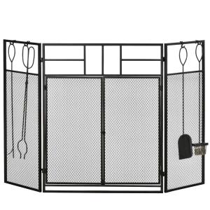 HOMCOM Salvachispas Plegable Pantalla Protectora de Chimenea 3 Paneles con Doble Puerta 4 Herramientas y Ganchos Estructura de Metal 122x2x79 cm Negro