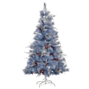 HOMCOM Árbol de Navidad 150 cm Artificial Árbol de Pino Navideño con 222 Ramas Ignífugas Bayas Decorativas Hojas Plateadas Base Plegable y Soporte de Metal Gris