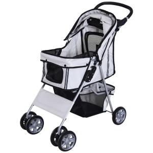 PawHut Cochecito Plegable Mascotas Perros Gatos Carrito Ruedas Giran 360 Grados Gris 75x45x97cm