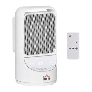 HOMCOM Calefactor Cerámico Portátil 2 Niveles de Potencia 1000W/2000W con Mando a Distancia Temporizador de 12H 3 Modos de Viento y 45° Oscilación Silencioso Ø15x28 cm Blanco