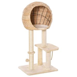 PawHut Árbol Rascador para Gatos Rascador de Gatos Barato Torre de Escalada con Plataformas Caseta Bola y Cuerda de Juego Poste de Sisal 48x40x100 cm Beige