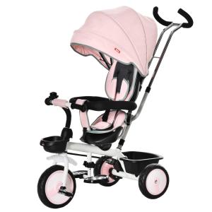 HOMCOM Triciclo Bebé 2 en 1 Triciclo Evolutivo para Niños de +12 Meses con Capota Plegable Mango de Empuje Telescópico Barra Extraíble y Reposapiés 100x48x106 cm Rosa