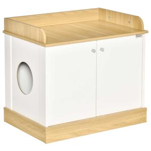 PawHut Casa para Gatos de Madera Mueble Arenero para Gatos 2 en 1 con Estante de Almacenaje Doble Puerta y Orificio de Entrada Lateral 75x53x67 cm Blanco y Roble