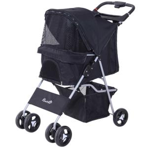PawHut Cochecito Plegable Mascotas 75×46×94 cm Perro Gato Carrito Ruedas Giran 360 grados con Freno Negro