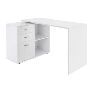 HOMCOM Mesa de Ordenador con 2 Estantes y 3 Cajones Escritorio 2 Posiciones en Forma L y Recto Blanco