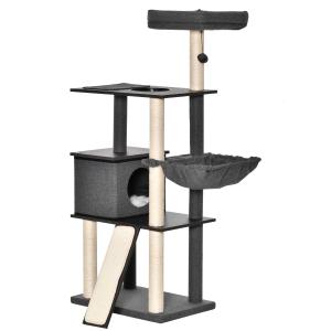 PawHut Árbol para Gatos Grande Altura 146 cm con Plataformas Cueva de Fieltro Extraíble Postes Rascadores de Sisal Hamaca Cojines Lavables Rampa y Bola de Juguete 60x40x146 cm Gris