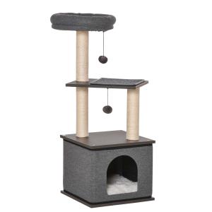 PawHut Árbol para Gatos con Cueva de Fieltro Desmontable Postes Rascadores de Sisal Natural Cama Superior Cojines Extraíbles y 2 Bolas de Juguete 40x40x104 cm Gris