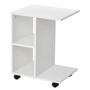 HOMCOM Mesa Auxiliar Multifuncional Mesa Lateral de Sofá en Forma de C con Estantes Abiertos y Ruedas con Bloqueo 45x35x58 cm Blanco