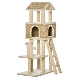 PawHut Árbol Rascador para Gatos Grande Altura 131 cm con Cueva Postes de Sisal Natural Plataformas Bola Colgante y Molino de Viento de Juguete 69x40x131 cm Beige