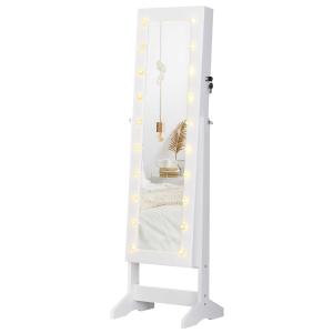 HomCom® Joyero de Pie con Espejo Armario para Joyas 20 Luces LED Reclinable Guardajoyas Anillos Pendientes Collares