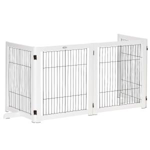 PawHut Barrera de Seguridad Plegable para Perros Madera Rejilla de Protección de 4 Paneles para Mascotas con Patas para Puertas Escaleras Pasillos 264x35,5x77 cm Blanco