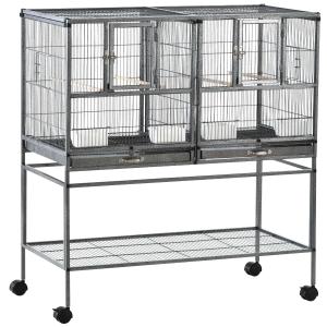 PawHut Doble Jaula Individual para Pájaros Pequeños Jaula Grande para Aves con 4 Ruedas Bandejas Múltiples Puertas 4 Comederos 4 Perchas 95x45,5x102cm