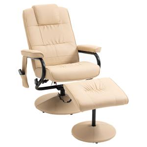 HOMCOM Sillón de Masaje Eléctrico con Taburete Reposapiés Sillón Relax Giratorio Reclinable hasta 145° con Control Remoto y 10 Zonas de Masaje Tapizado en PU 77x84x95 cm Beige