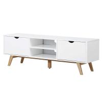 HOMCOM Armario para TV Soporte de Televisor Espacioso con 2 Armarios Estantes Abiertos Manija Oculta Patas de Madera 150x39x50 cm Blanco
