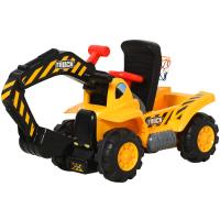 HOMCOM 4 en 1 Excavadora Juguete para Niños +3 Años Tractor Infantil con Pala Caja Oculta de Almacenaje Aro de Baloncesto Volante Giratorio 98x30x46 cm Amarillo