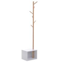 HOMCOM Perchero de Pie con Zapatero Colgador Tipo Árbol Moderno 6 Ganchos Colgador de Ropa Bolsa Banco con Almacenamiento Pasillo Entrada Bambú y MDF 40x30x180cm