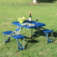 Outsunny Mesa Plegable para Camping con 4 asientos Y Orificio Sombrilla Estructura Aluminio Playa Picnic 84,5x64,5x66cm Azul