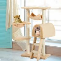 PawHut Árbol para Gatos Rascador de Gatos Barato Rascador con Poste para Arañar Nido Cesta Hamaca Plataforma Caseta y Escalera de Terciopelo y Sisal Natural 55x30x100cm Beige