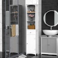 HOMCOM Mueble Armario Columna Multiusos Blanco para Cuarto de Baño con Estanterías 34x24x170cm 3 Estantes 1 Puerta y 1 Cajón