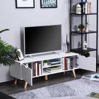 HOMCOM Armario para TV Soporte de Televisor Espacioso con 2 Armarios Estantes Abiertos Manija Oculta Patas de Madera 150x39x50 cm Blanco