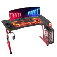 HOMCOM Mesa Gaming para Ordenador PC Escritorio de Oficina con Portavasos Gancho para Auriculares y Pies Ajustables 120x65x74,5 cm Rojo