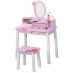 HOMCOM Tocador Infantil con Taburete y Espejo tipo Princesa Mesita de Maquillaje de Madera Rosa Juguete para Niñas 60x34x93 cm(c-4)