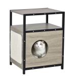 PawHut Casa para Gatos de Madera con Apariencia de Mesa Auxiliar Cueva con Cojín Extraíble Puerta con Orificio y Alfombrilla Rascadora 48x40x64,5 cm Roble Gris(c-1)