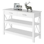 HOMCOM Mesa Consola Mesa de Recibidor Entrada con 2 Cajones y Estantes Inferiores Estilo Moderno Marco Metálico 105x40x76 cm Blanco(c-4)