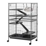 PawHut Jaula Grande para Roedores 80x52x128 cm Casa de 4 Alturas con Rampas Hamaca Colgante Bandeja Extraíble Ruedas Puertas Gris Plateado(c-2)