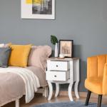 HOMCOM Mesita de Noche Mesa Auxiliar con 2 Cajones y Base Elevada de Metal para Dormitorio Cama Salón Estilo Moderno y Minimalista 39,5x40x48 cm Blanco y Gris(c-5)