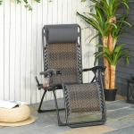 Outsunny Tumbona Plegable de Ratán con Respaldo Ajustable Reposacabezas Extraíble Portavasos y Soporte para Teléfono Jardín Terraza al Aire Libre 65x70x110 cm Gris(c-2)