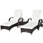 Outsunny Set de 2 Tumbonas Chaise Longue + 1 Mesa de Ratán para Jardín o Terraza Sillas con Cojín y Respaldo Ajustable a 5 Niveles - Marrón(c-2)