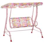 Outsunny Balancín de Niños para Jardín de 2 Plazas +3 Años con Toldo Ajustable en Ángulo Cinturones de Seguridad y Patron Lindo al Aire Libre 110x70x110 cm Rosa(c-1)