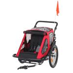 HOMCOM Remolque de Bicicleta para Niños +18 Meses 2 en 1 Cochecito de Paseo de 2 Plazas con Altura Ajustable del Manillar Barra Bandera y Reflectores 160x83x96 cm Rojo(c-2)
