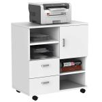 HOMCOM Mueble Auxiliar de Oficina o Salón para TV o impresora con Armario Cajones Estantes y Ruedas multiusos 60x65x35 cm Blanco(c-2)