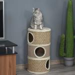 PawHut Casa para Gatos de Madera con Apariencia de Mesa Auxiliar Cueva con Cojín Extraíble Puerta con Orificio y Alfombrilla Rascadora 48x40x64,5 cm Roble Gris(c-2)