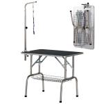 PawHut Mesa de Peluquería para Mascotas Mesa de Aseo Plegable con Patas de Acero Inoxidable Estable Aguilón Ajustable Estante de Almacenaje Carga 150 kg 90x60x75 cm Negro(c-2)