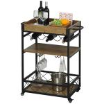 HOMCOM Carro de Cocina Carrito de Servicio Móvil Multiusos con 3 Estantes Bandeja Botellero Soporte Copas y barra para Comedor 77x44,5x91 cm Madera Rústica(c-1)