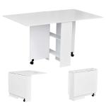 HOMCOM Mesa de Comedor Plegable Mesa de Madera con 2 Solapas 2 Estantes de Almacenaje y Ruedas para Cocina 80x140x74 cm Blanco(c-3)