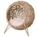 PawHut Cama para Gatos o Mascotas Pequeñas Cueva de Ratán Sintético con 3 Patas y Cojín Suave Ø52x58 cm Gris(c-3)