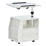HOMCOM Mesa de Sofá para Salón Dormitorio Mesita de Noche Multifuncional 2 Cajones Compartimento Revistero Lateral Tabla Giratoria con 4 Ruedas 60x40x80-90 cm Blanco(c-1)
