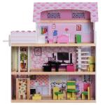 HOMCOM Casa de Muñecas con Muebles Mobiliario Casita Muñeca Jueguetes Madera con 13 Accesorios incluidos y 4 Niveles Color Rosa(c-3)