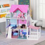HOMCOM Casa de Muñecas con Muebles Mobiliario Casita Muñeca Jueguetes Madera con 13 Accesorios incluidos y 4 Niveles Color Rosa(c-2)