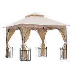 Outsunny Cenador con Techo Exterior 3x3.65x2.65 m Gazebo Pabellón al Aire Libre Carpa de Jardín con Pared Lateral y Mosquitero Marco de Hierro Color Marrón(c-3)
